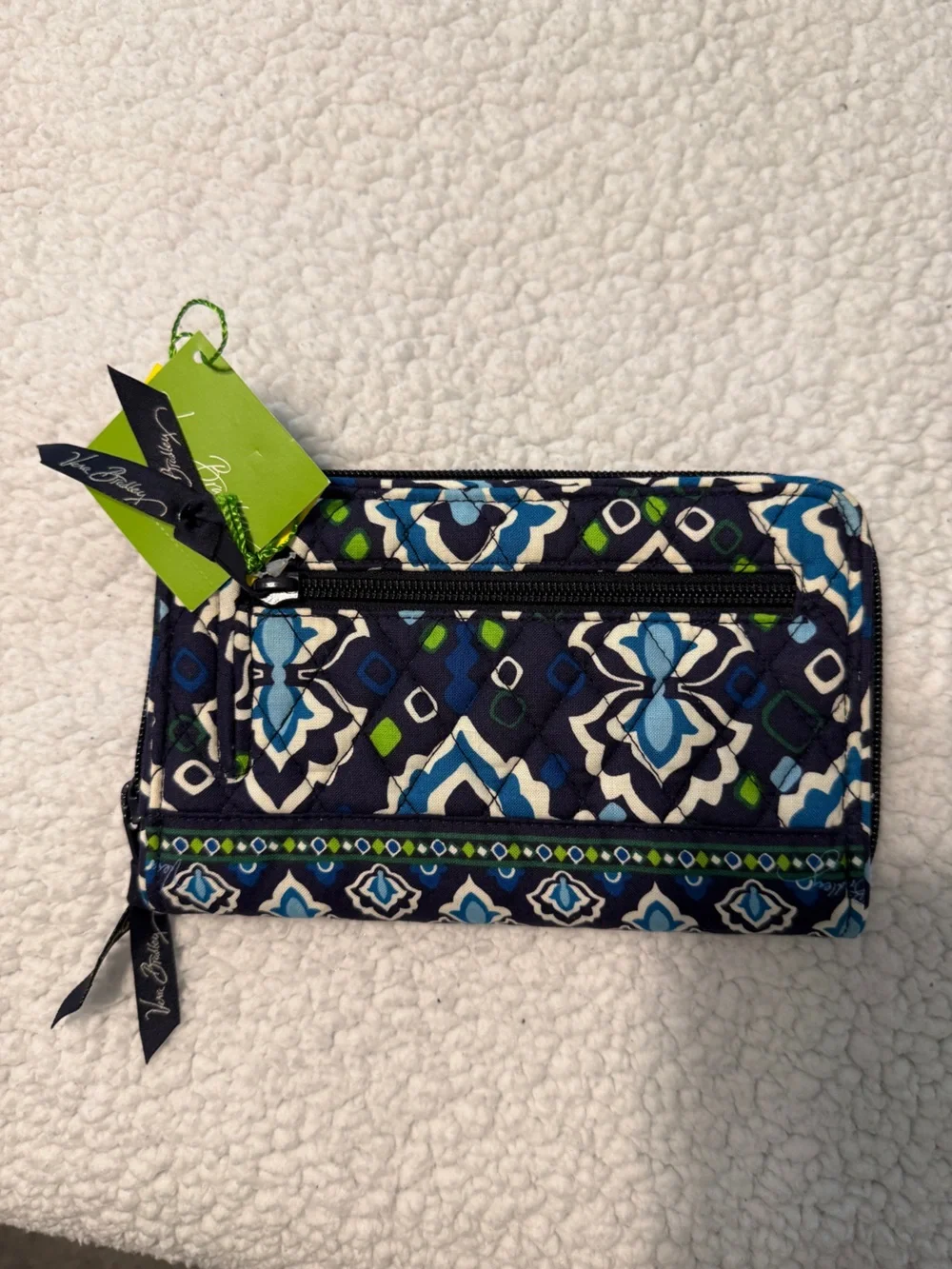 Vera Bradley Navy Blue & White Quilted Zip Phone Wallet with Green Accents